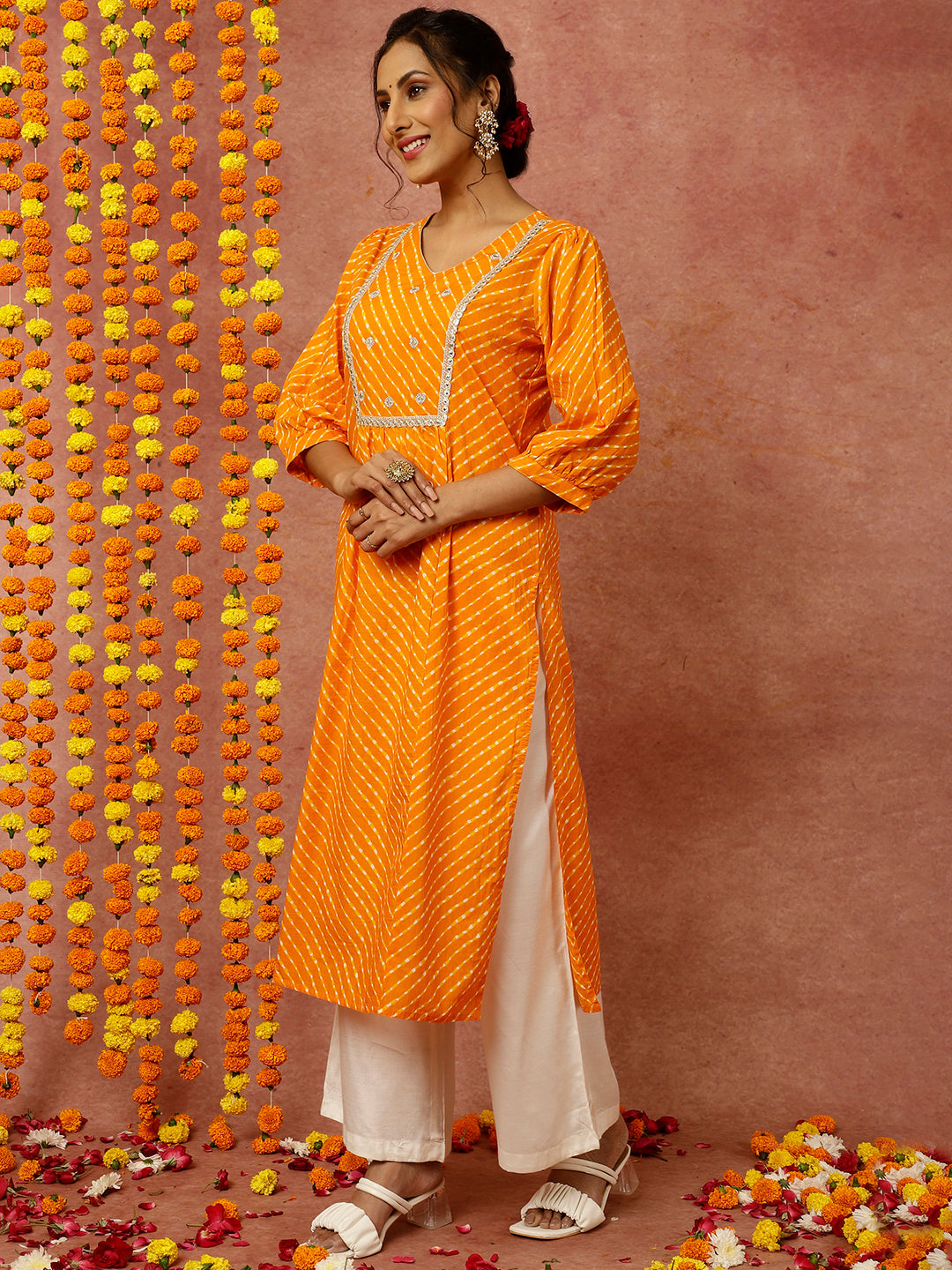 Zardozi Embroidered Orange Mothra Printed Straight Kurta