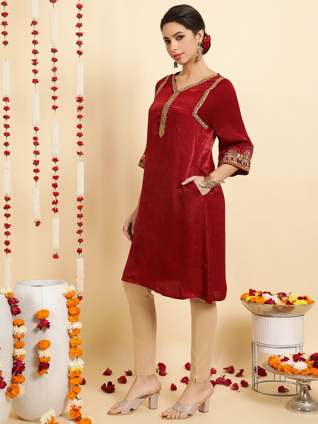 Maroon Zardozi Pakistani Velvet Kurta