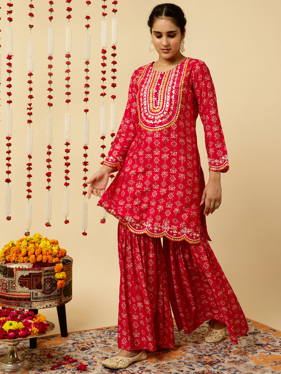 Pink Bandhani Mirror Work Kurta With Sharara And Dupatta