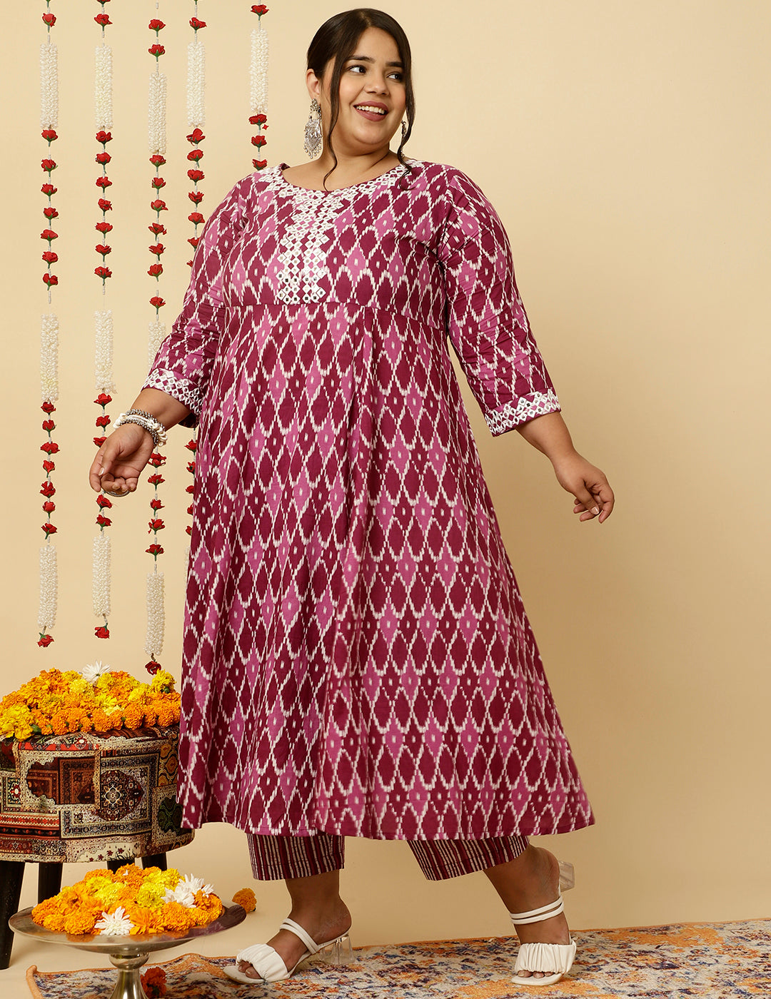 Plus Size Purple Mirror Embellished Ikat Printed Anarkali Kurta With Pants And Dupatta