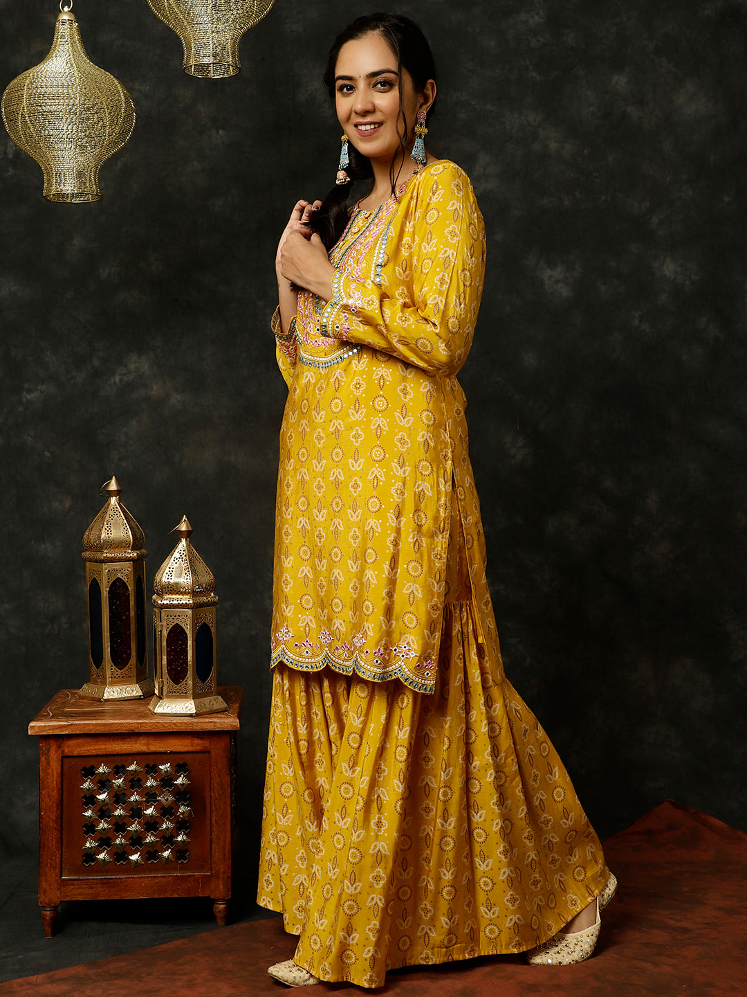 Mustard Bandhani Mirror Work Kurta With Sharara And Dupatta