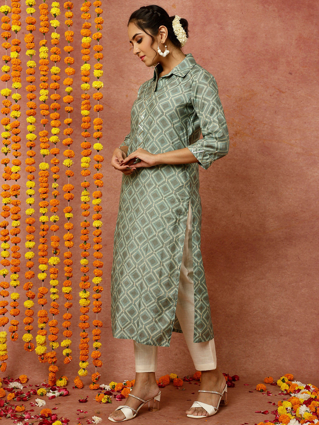 Sea Green Abstract Print Straight Kurta