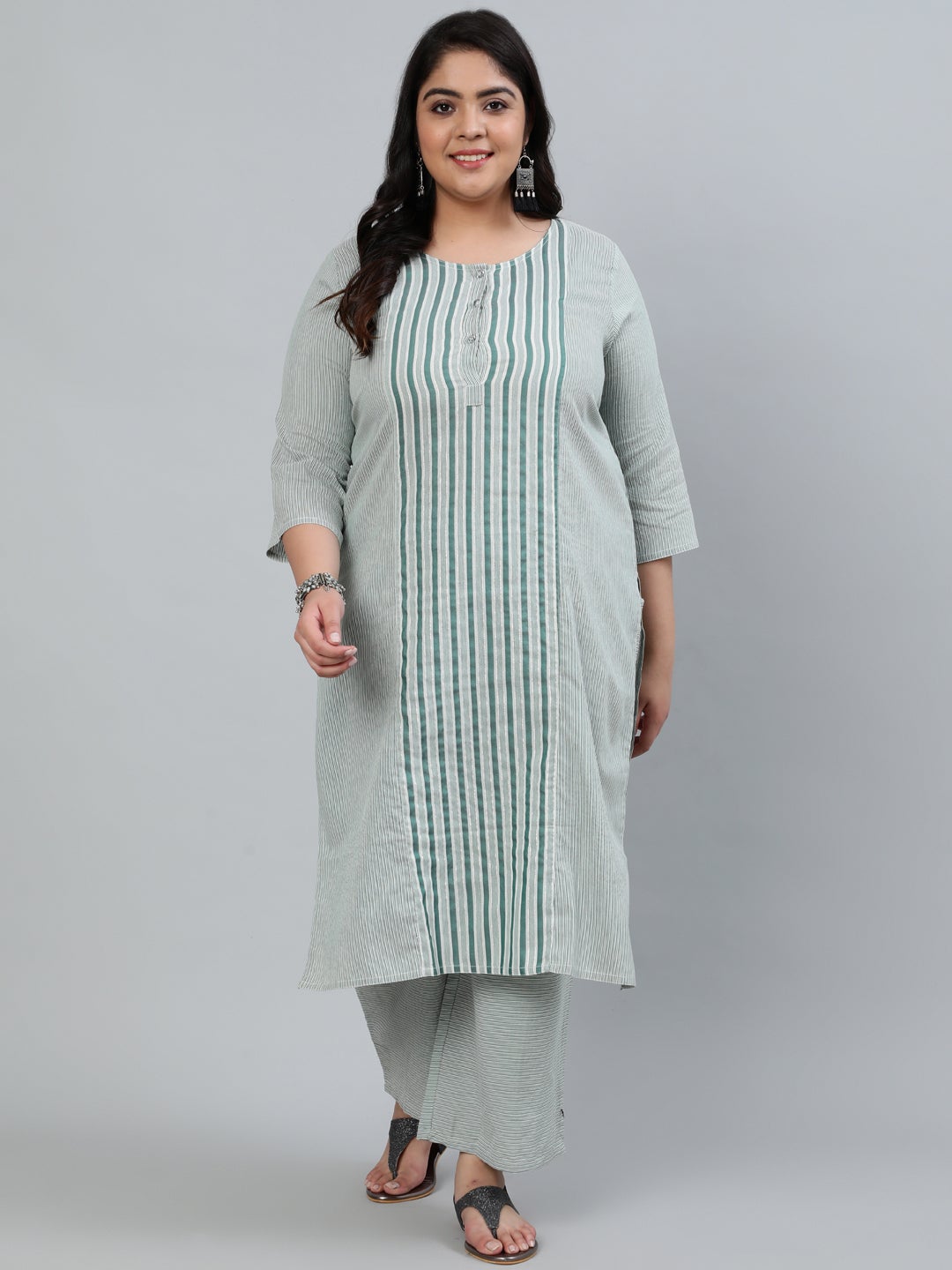 Green Self-Striped Straight Cotton Blend Kurta with Palazzos