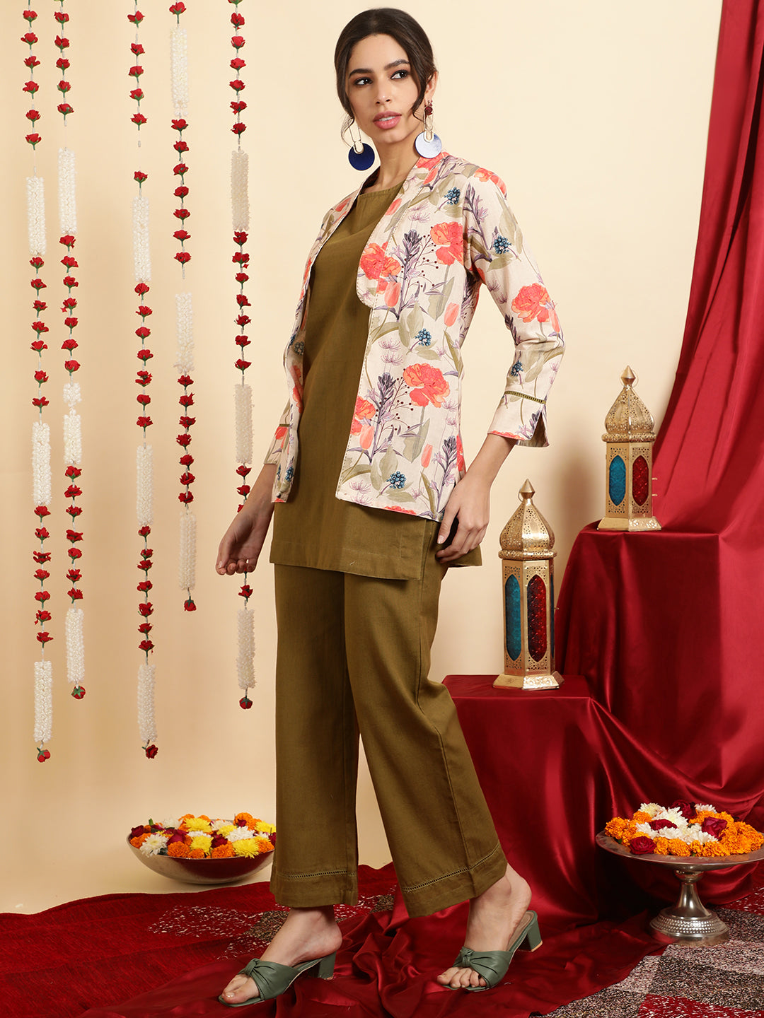 Olive Green Kurta And Palazzo With Shrug Co-ord Set