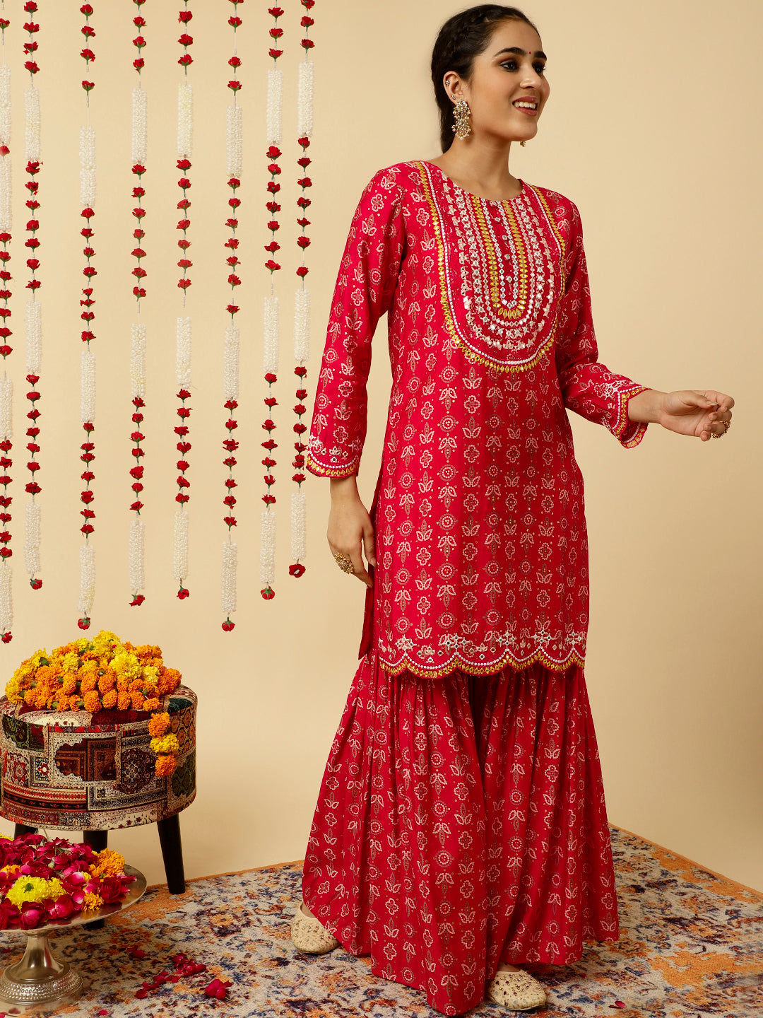 Pink Bandhani Mirror Work Kurta With Sharara And Dupatta