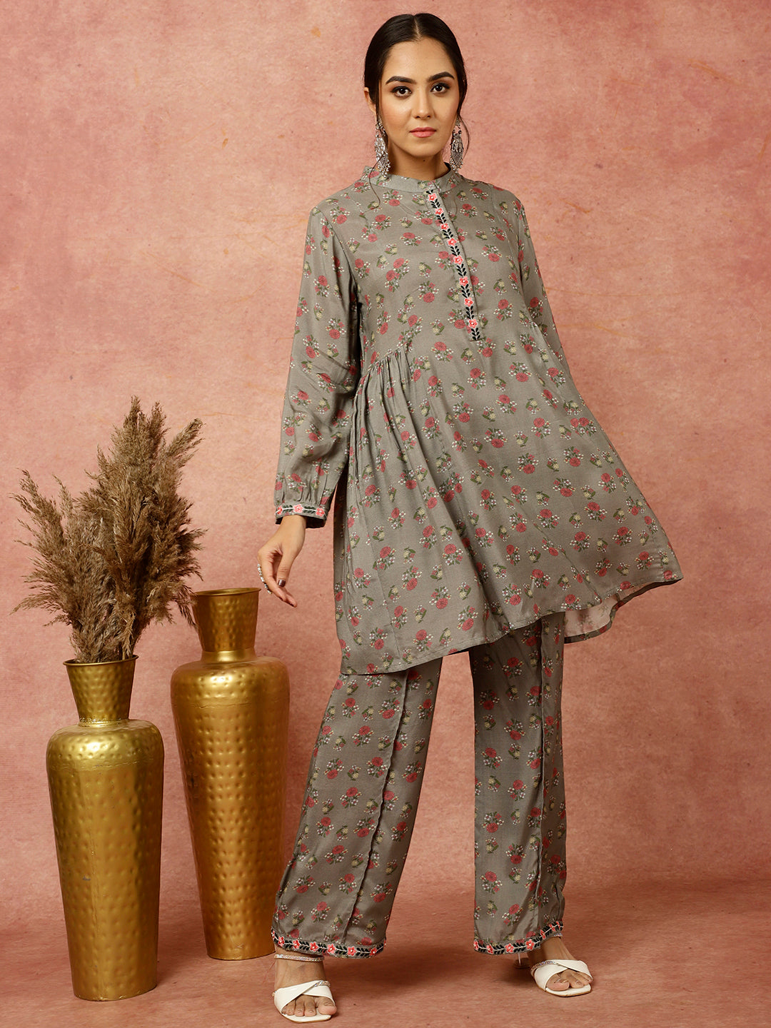 Grey Ethnic Printed Gathered Kurta With Palazzo Co-ord Set