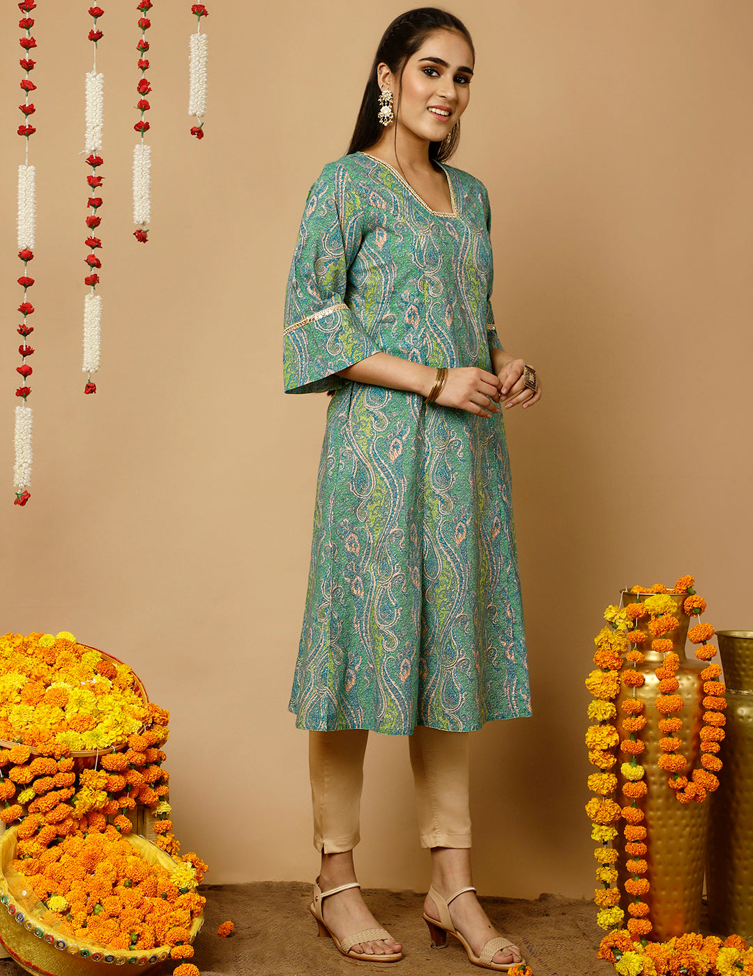 Turquoise Blue Paisley Print Pakistani Kurta
