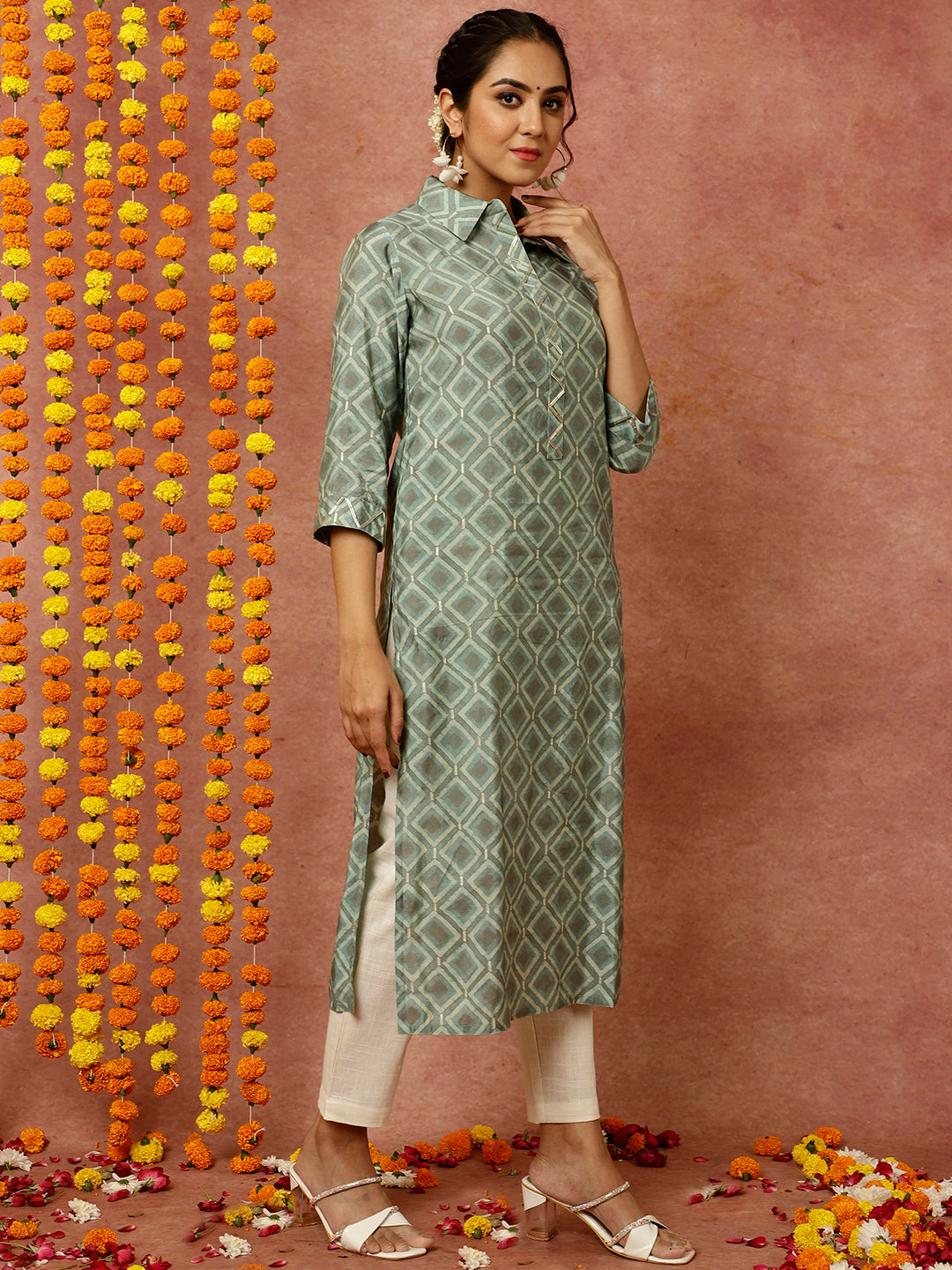 Sea Green Abstract Print Straight Kurta