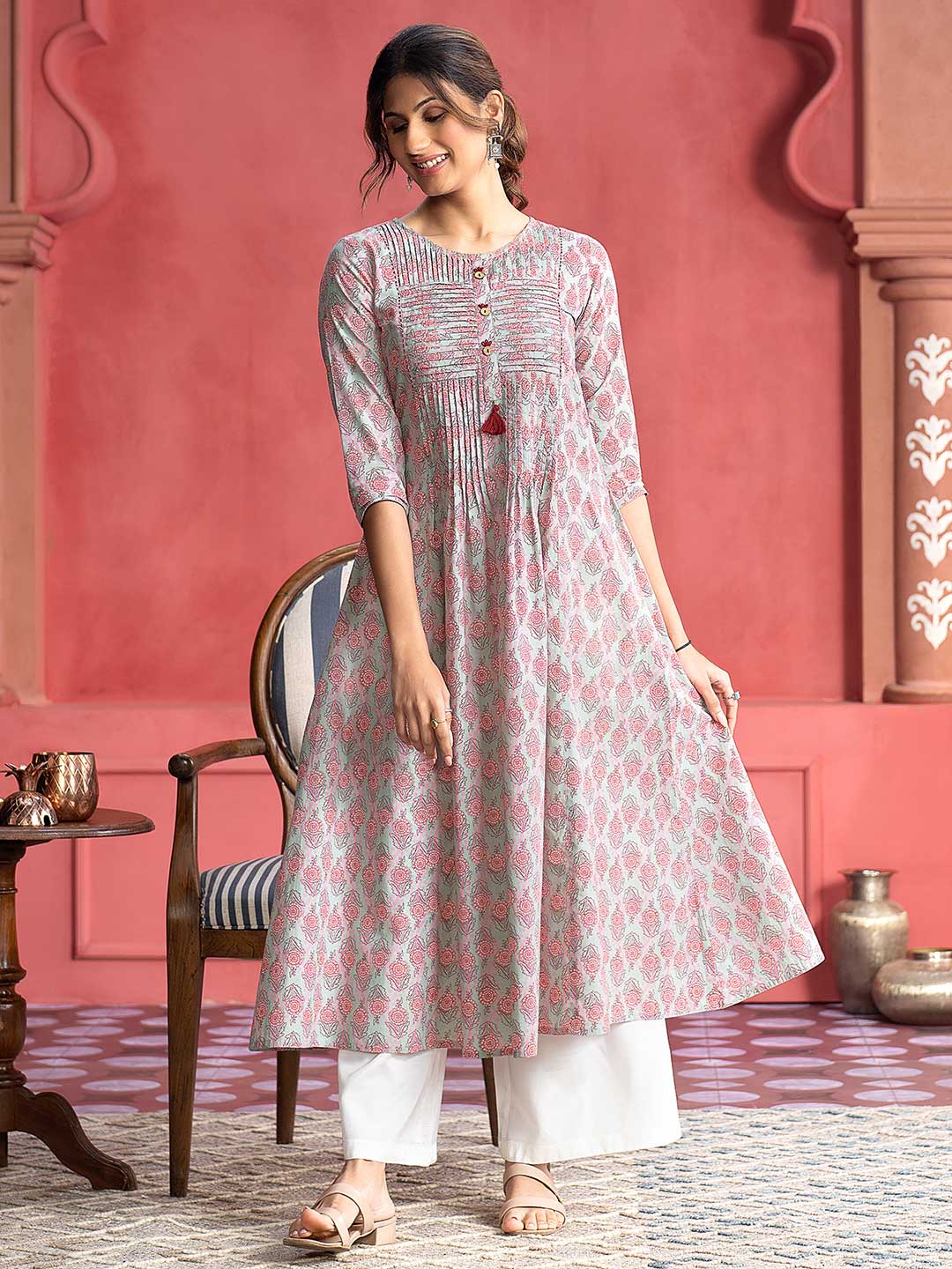 Floral Kurtis Design Buy Green Ethnic Floral Printed Pin Tuck A-Line