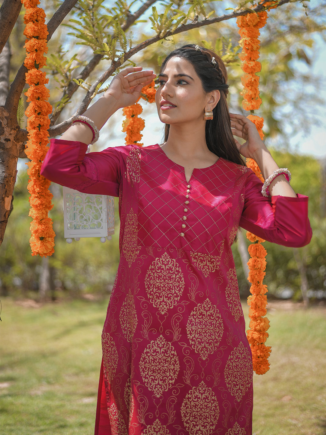 Pink Printed Straight Thread & Lace Work Kurta with Pants