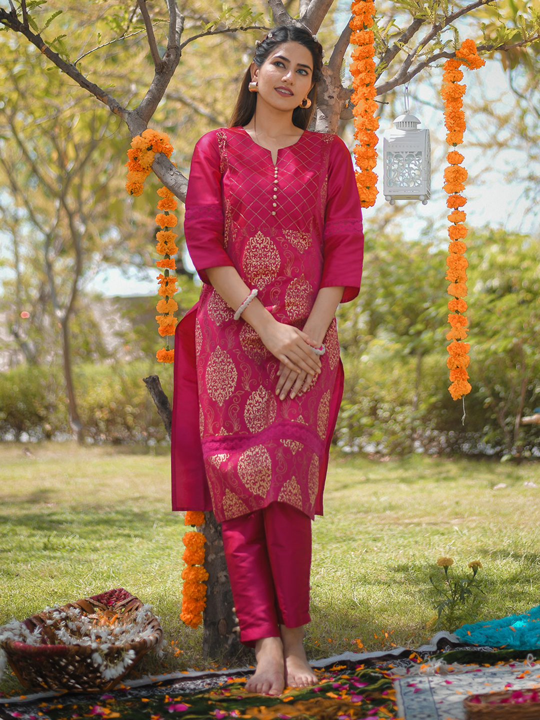 Pink Printed Straight Thread & Lace Work Kurta with Pants