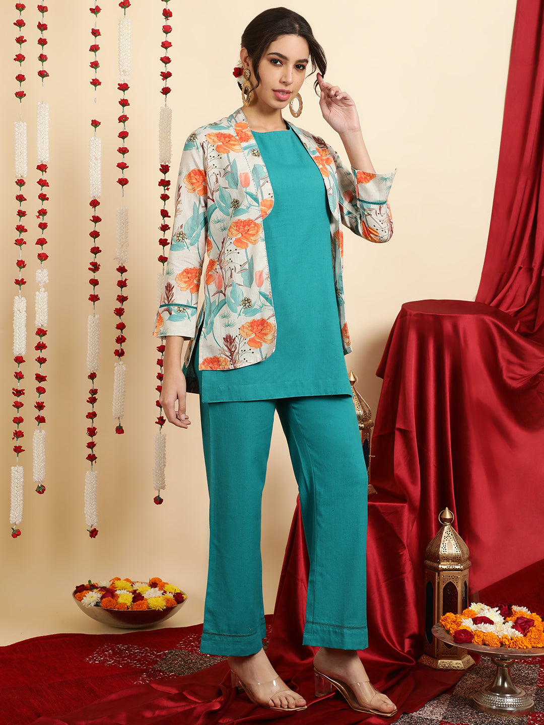 Turquoise Blue Kurta And Palazzo With Shrug Co-ord Set
