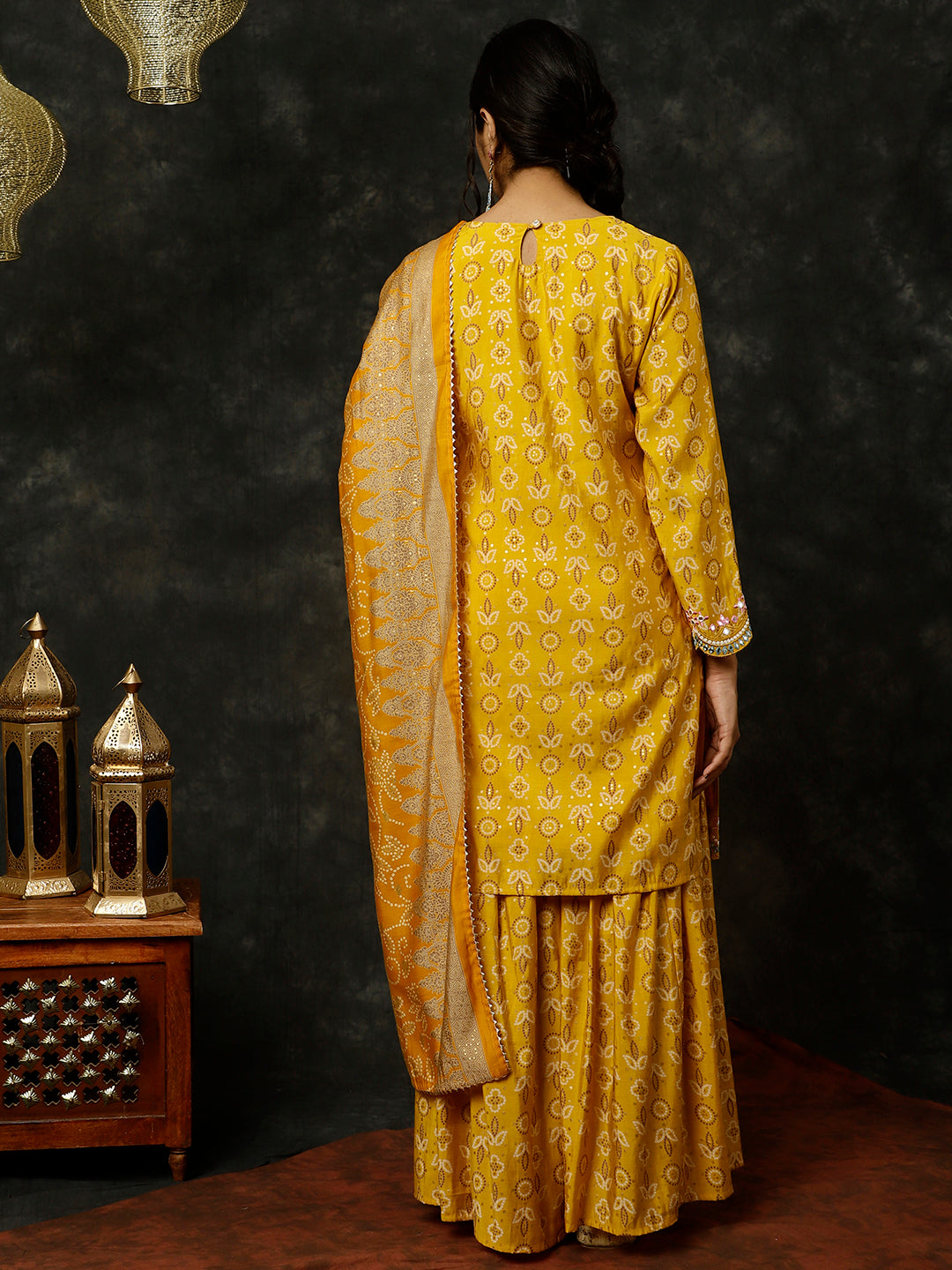 Mustard Bandhani Mirror Work Kurta With Sharara And Dupatta