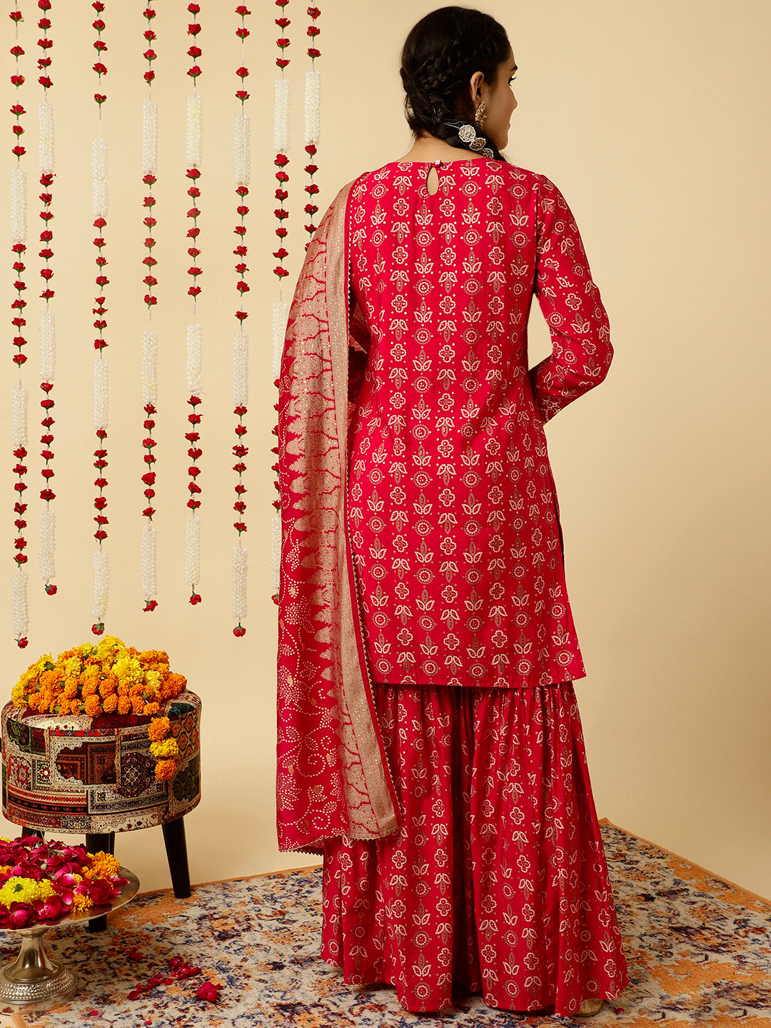 Pink Bandhani Mirror Work Kurta With Sharara And Dupatta