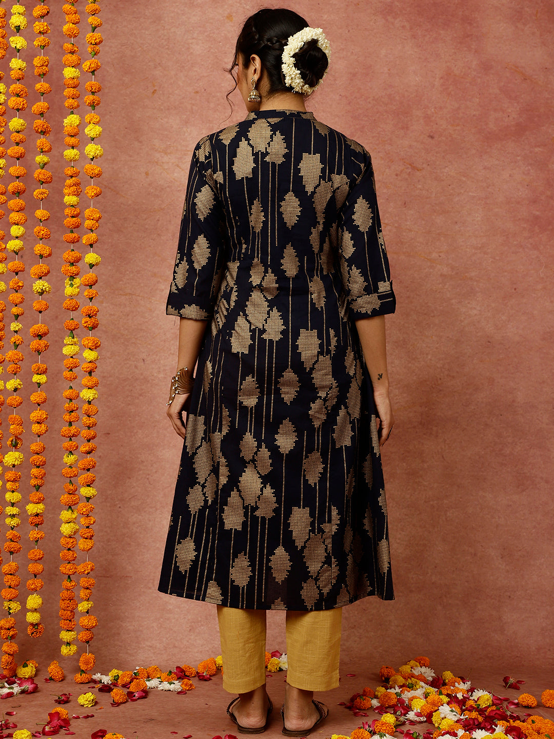 Navy Blue Abstract Print A-line Kurta