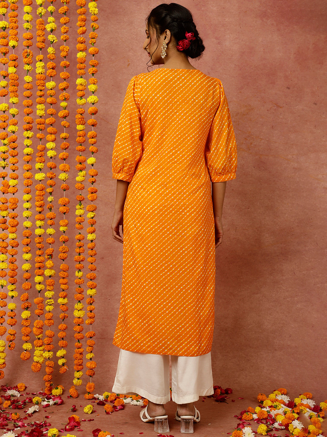 Zardozi Embroidered Orange Mothra Printed Straight Kurta