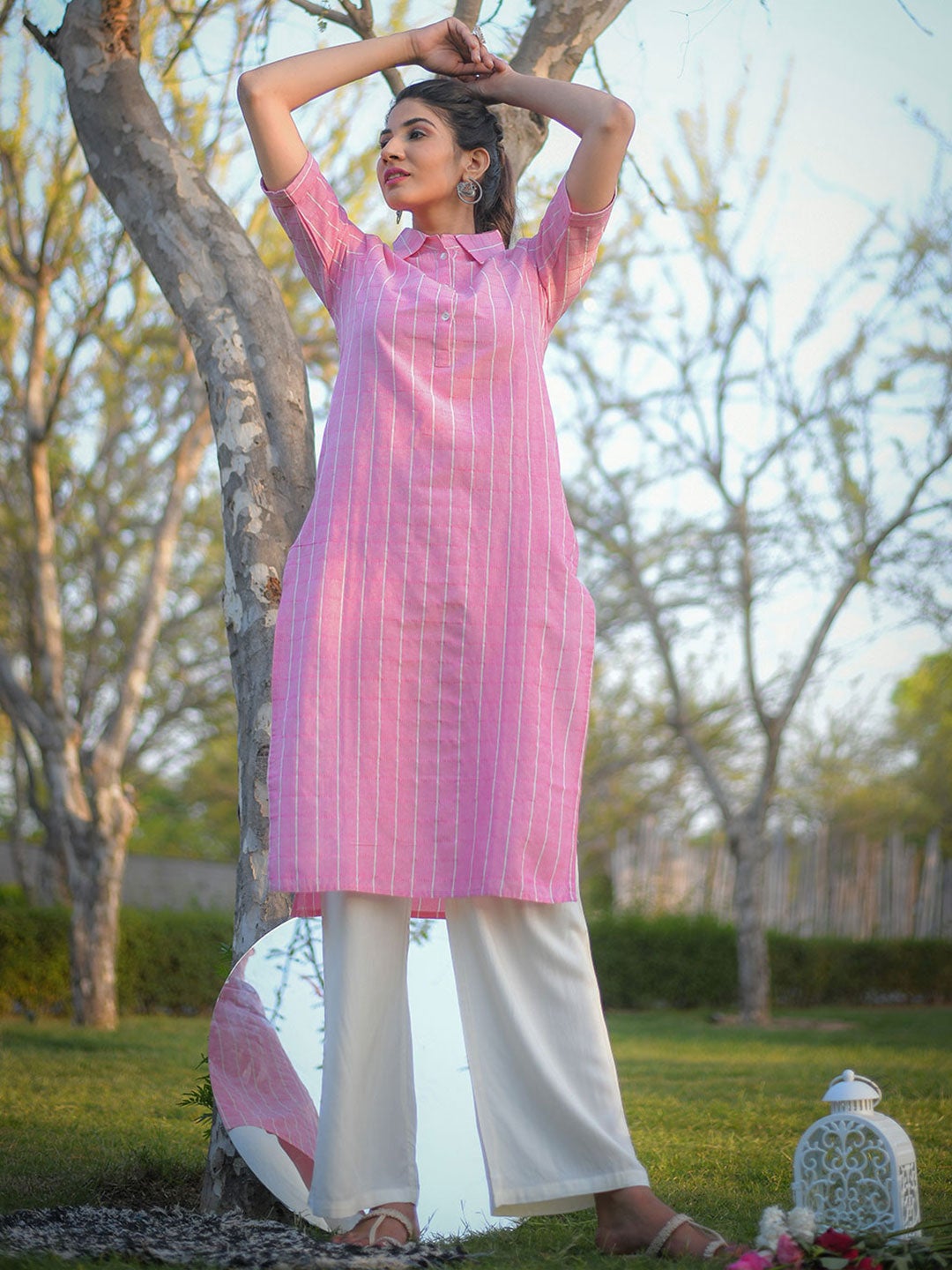 Pink Checked Straight Cotton Blend Kurta