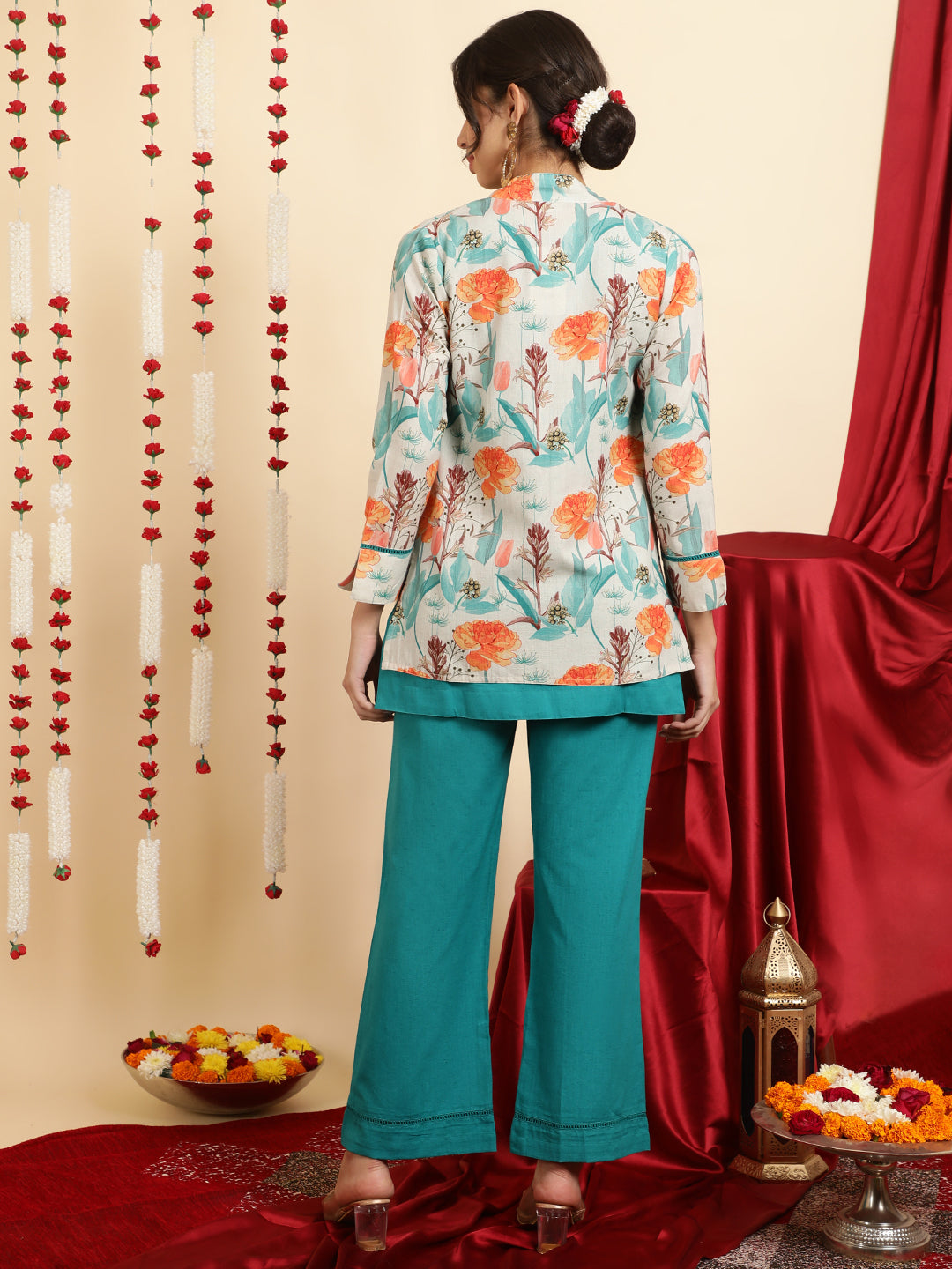 Turquoise Blue Kurta And Palazzo With Shrug Co-ord Set