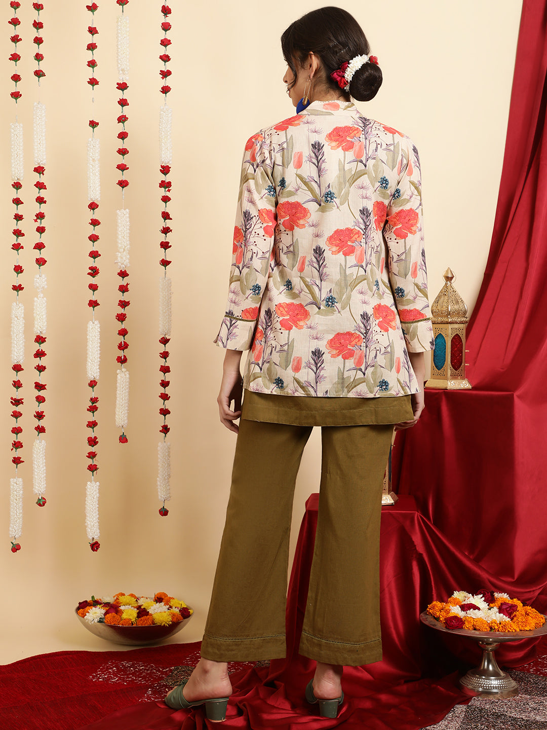 Olive Green Kurta And Palazzo With Shrug Co-ord Set