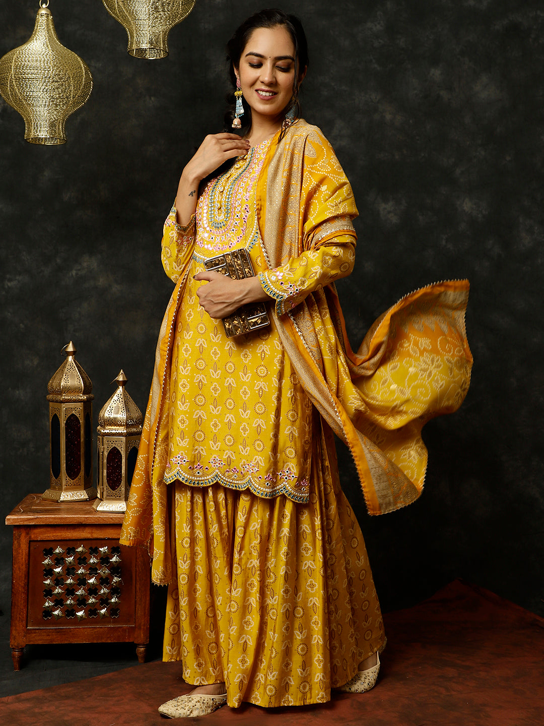 Mirror Work Kurta With Sharara And Dupatta