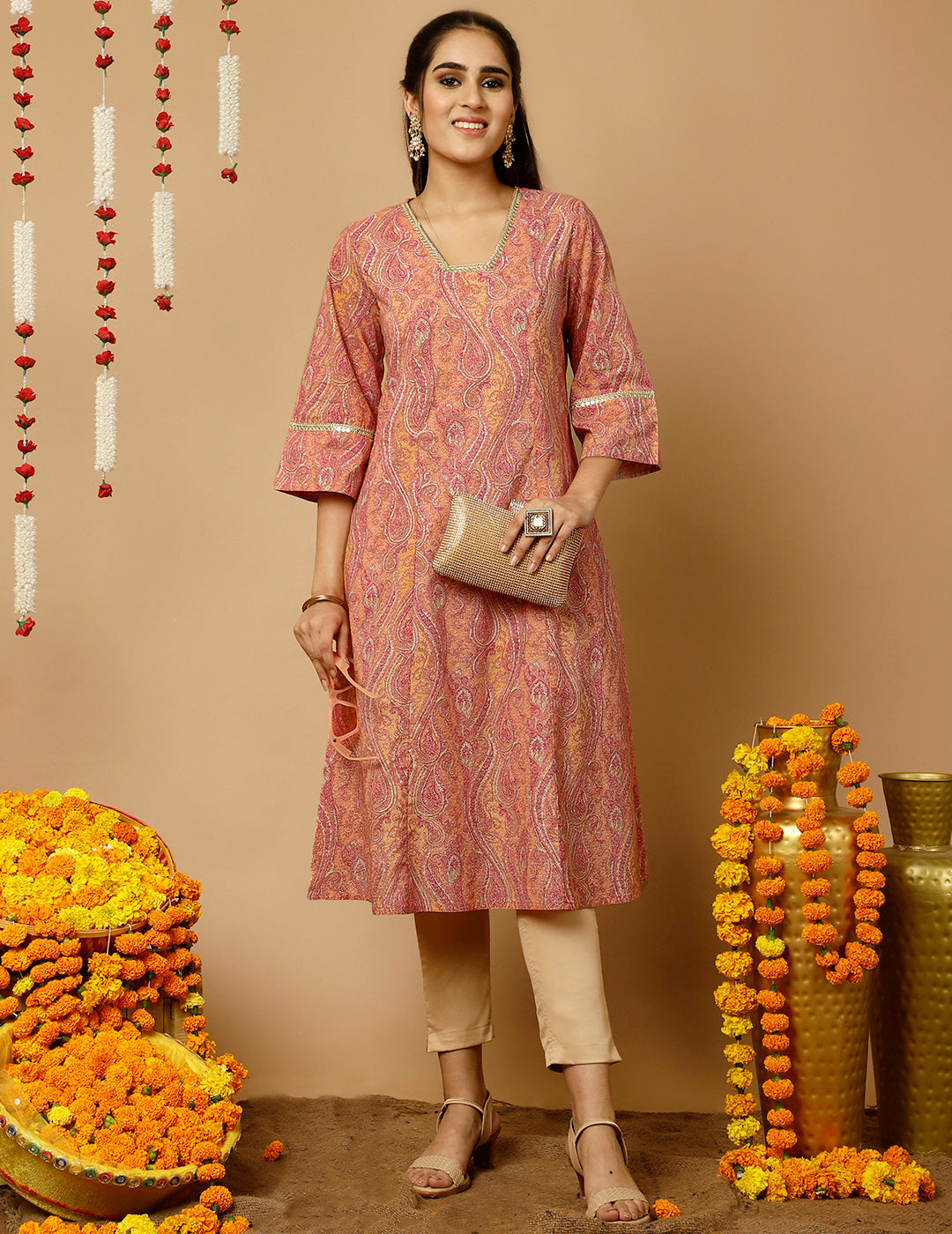 Peach Paisley Print Pakistani Kurta
