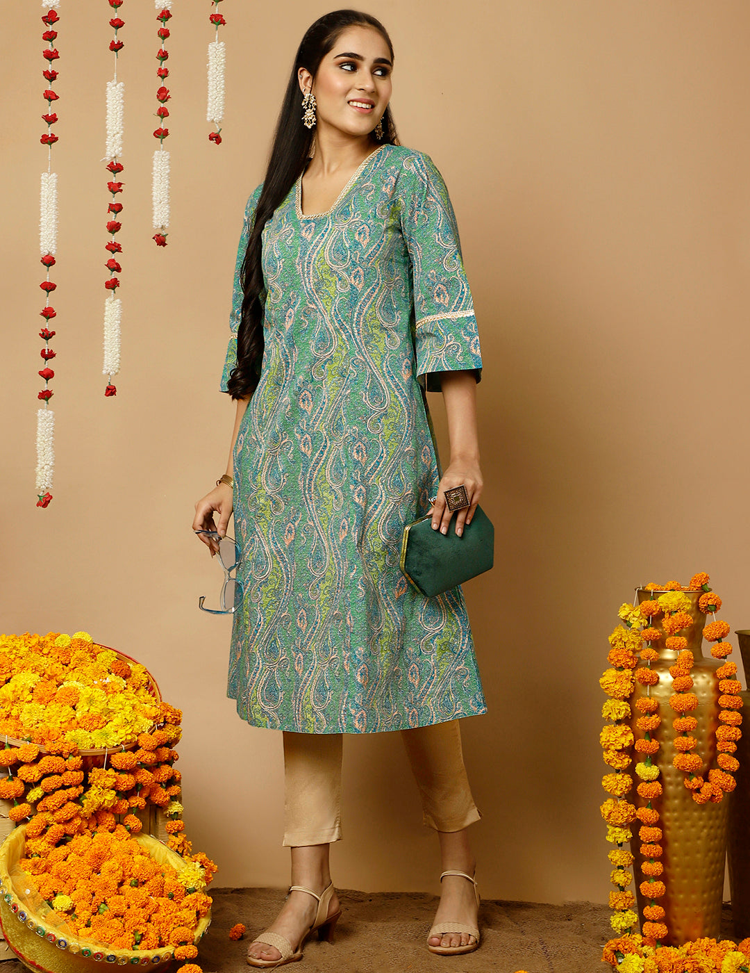 Turquoise Blue Paisley Print Pakistani Kurta