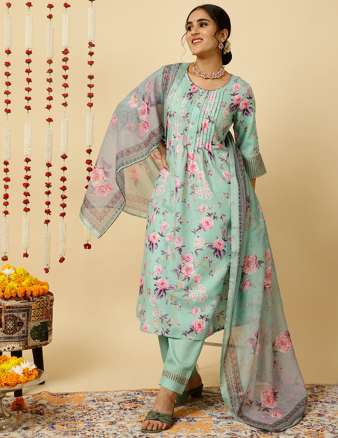 Green Kurta With Pants And Dupatta