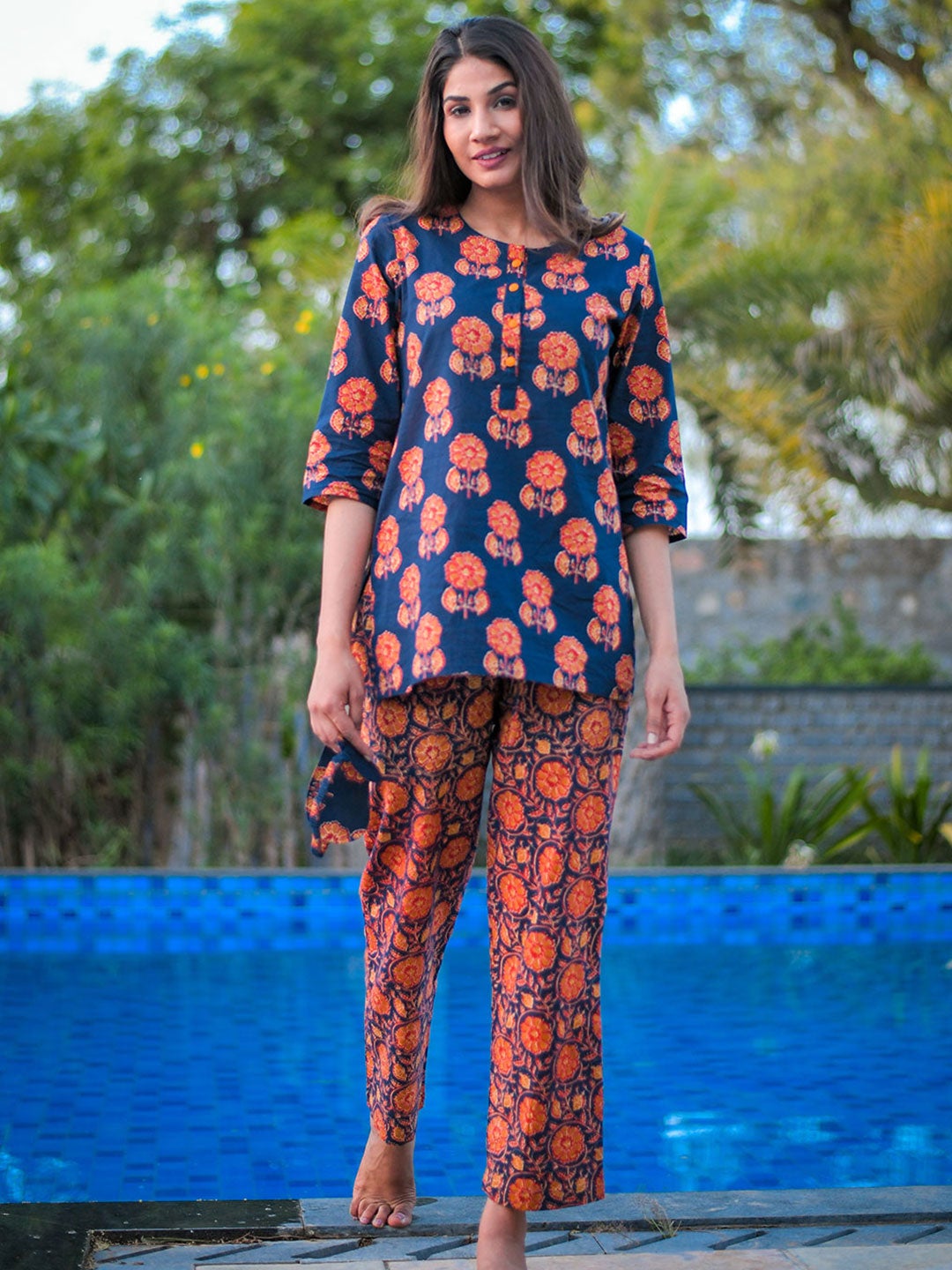 Navy Blue Print Straight Cotton Short Kurta with Pyjamas