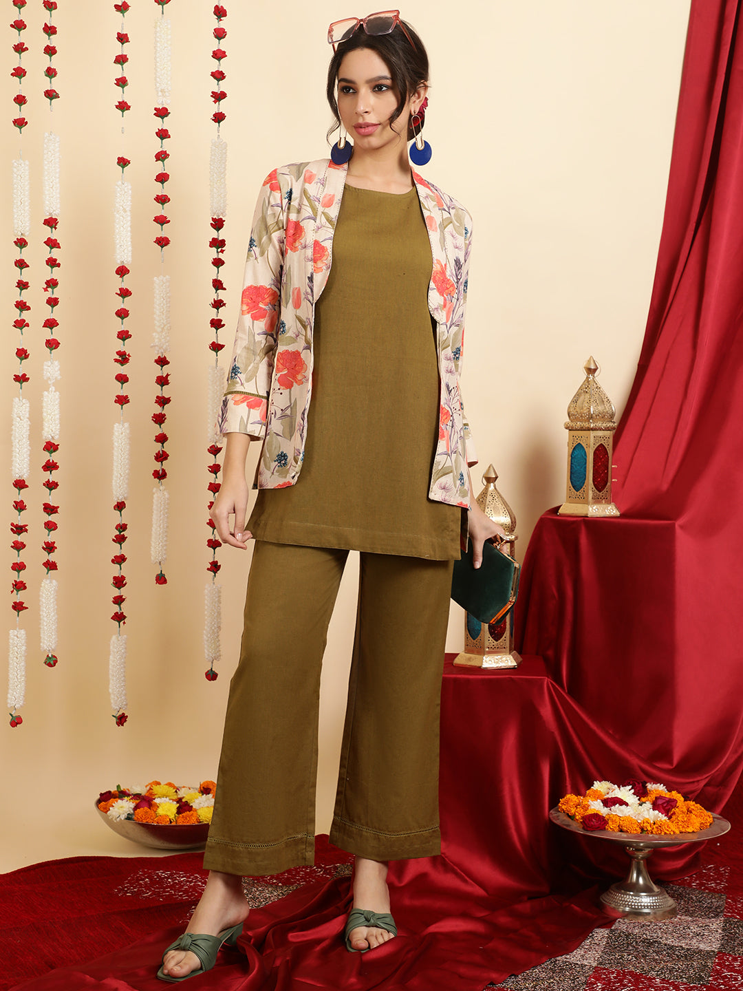 Olive Green Kurta And Palazzo With Shrug Co-ord Set
