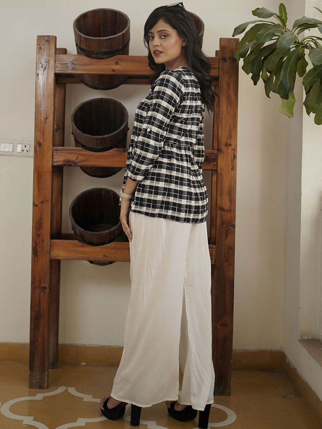 Black & White Checked Cotton Shirt With Gathered Detail