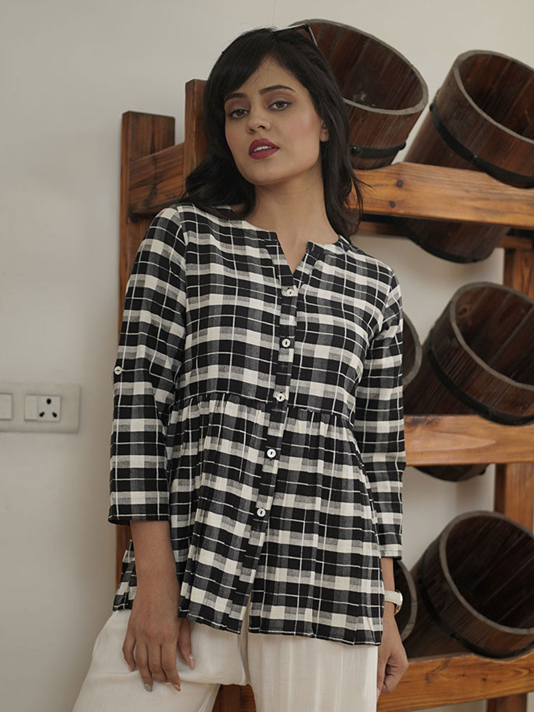 Black & White Checked Cotton Shirt With Gathered Detail