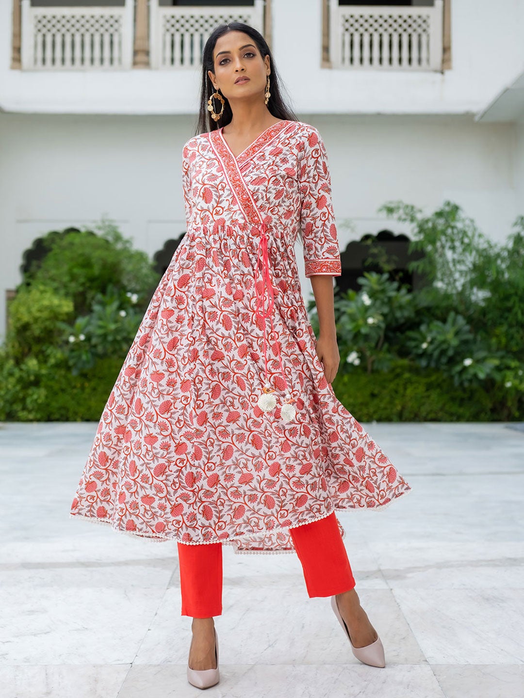 White Angrakha Styled Ethnic Print Cotton Kurta