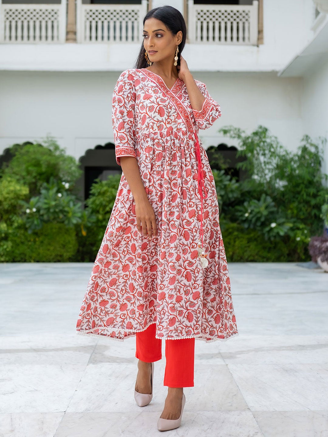 White Angrakha Styled Ethnic Print Cotton Kurta