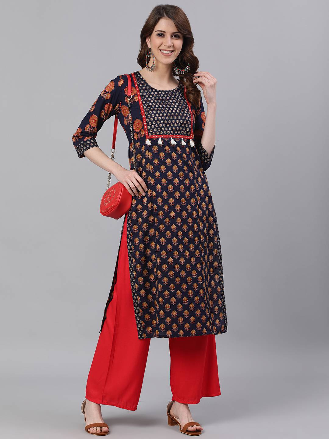 Navy Blue Ethnic Print Straight Cotton Kurtas