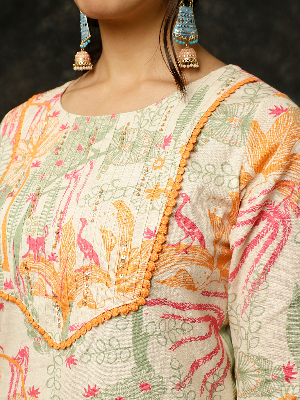 Green Kantha Work Printed Straight Kurta With Palazzo