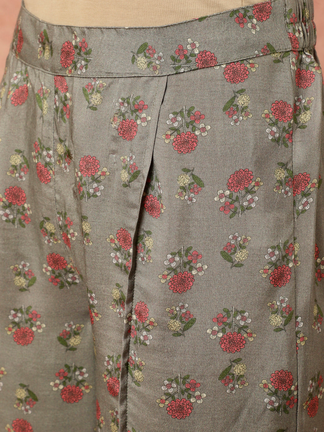 Grey Ethnic Printed Gathered Kurta With Palazzo Co-ord Set