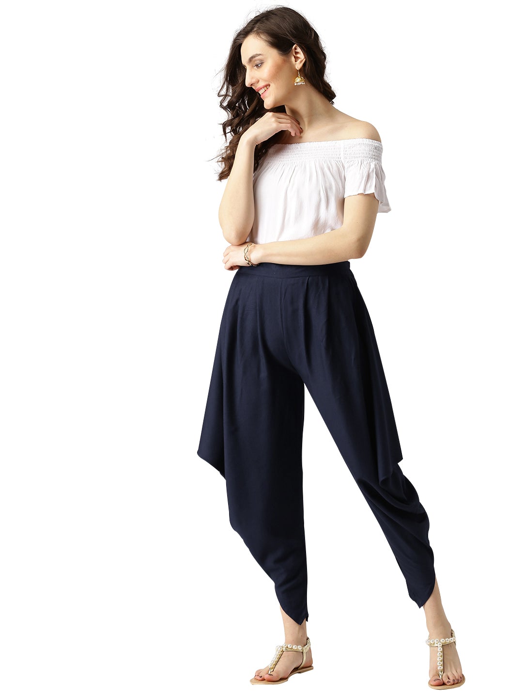 Navy Blue Solid Rayon Cowl Pants