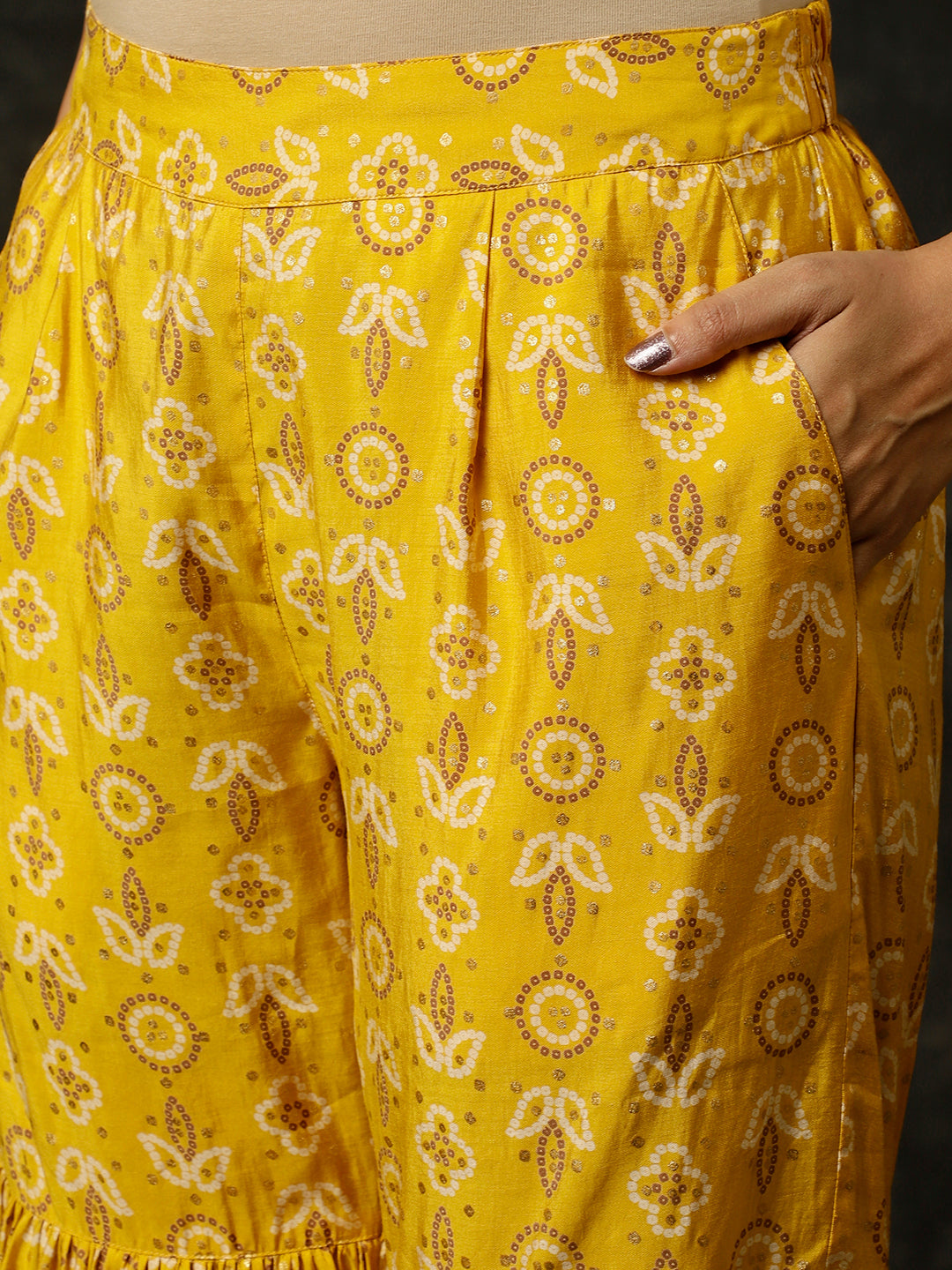 Mustard Bandhani Mirror Work Kurta With Sharara And Dupatta