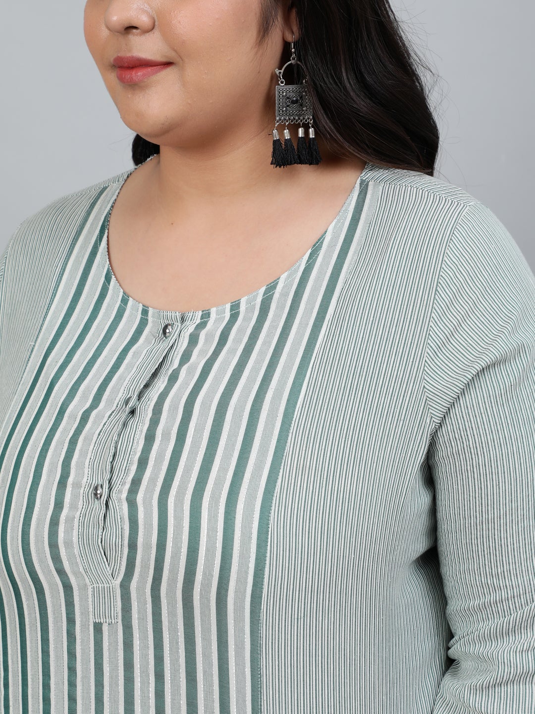 Green Self-Striped Straight Cotton Blend Kurta with Palazzos