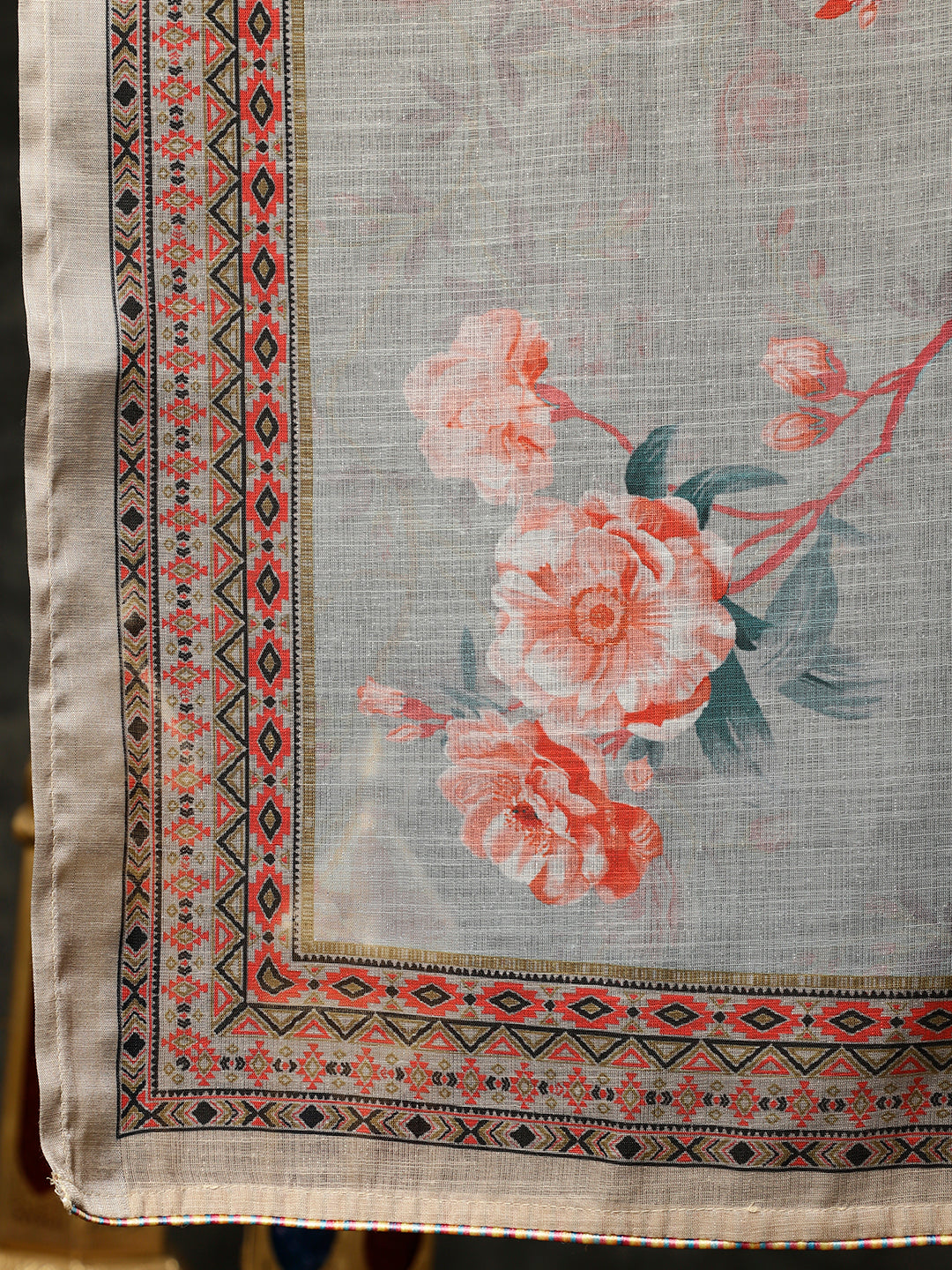 Embroidered Beige Rose Print Pleated Kurta With Pants And Dupatta