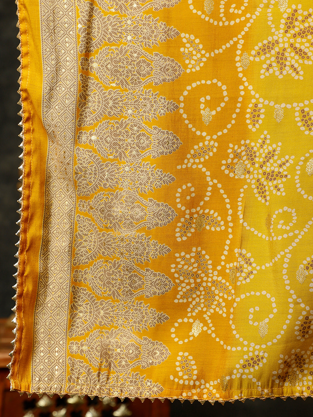 Mustard Bandhani Mirror Work Kurta With Sharara And Dupatta