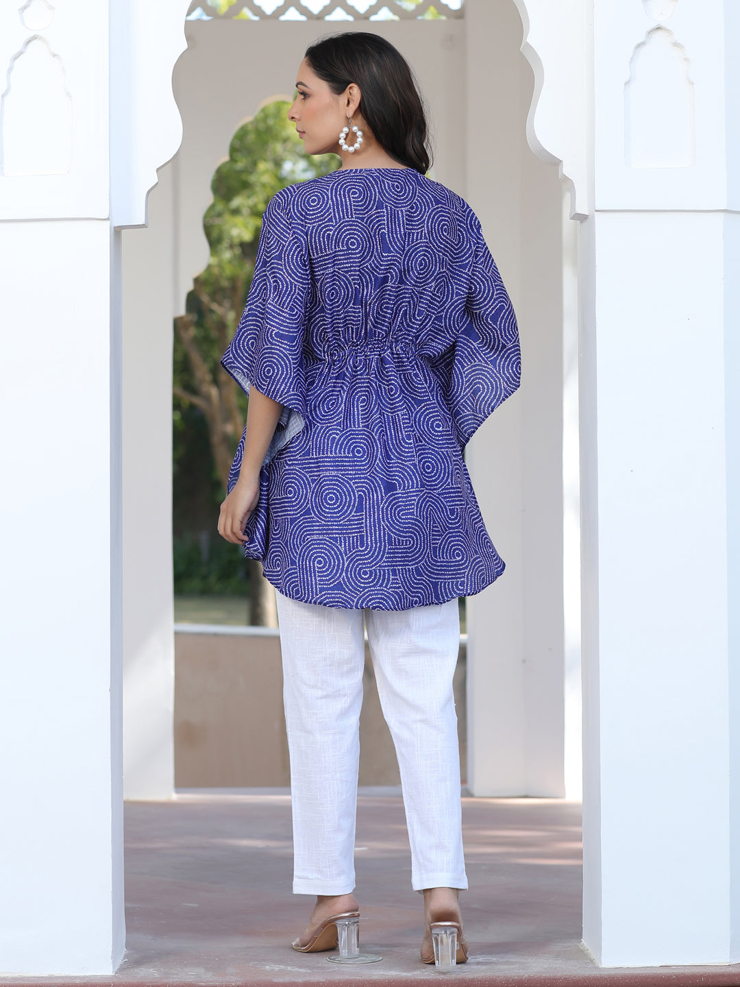 A Blue Embroidered Broach Belt Printed Muslin Kaftan Top With White Cotton Straight Fit Tousers