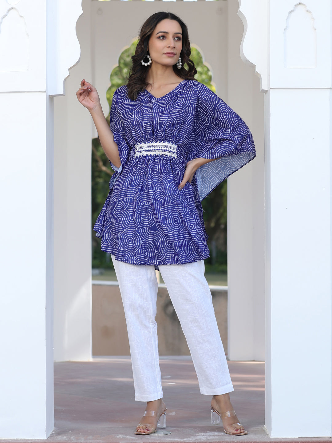 A Blue Embroidered Broach Belt Printed Muslin Kaftan Top With White Cotton Straight Fit Tousers
