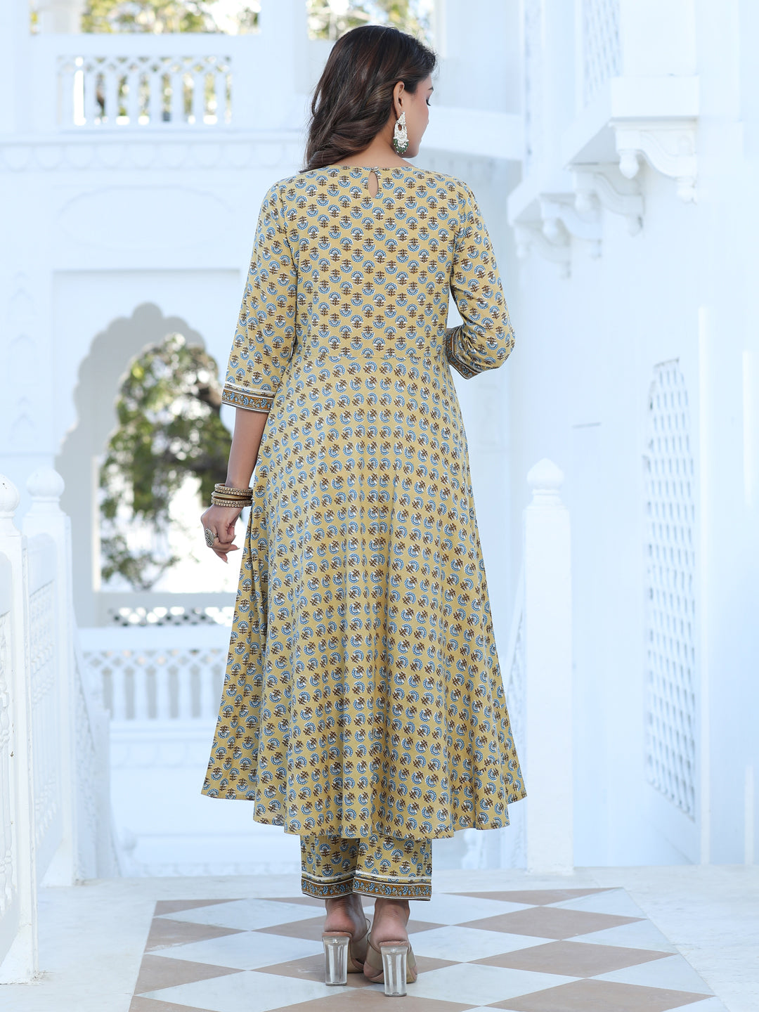 Yellow Ethnic Print Circular Kurta With Printed Pant