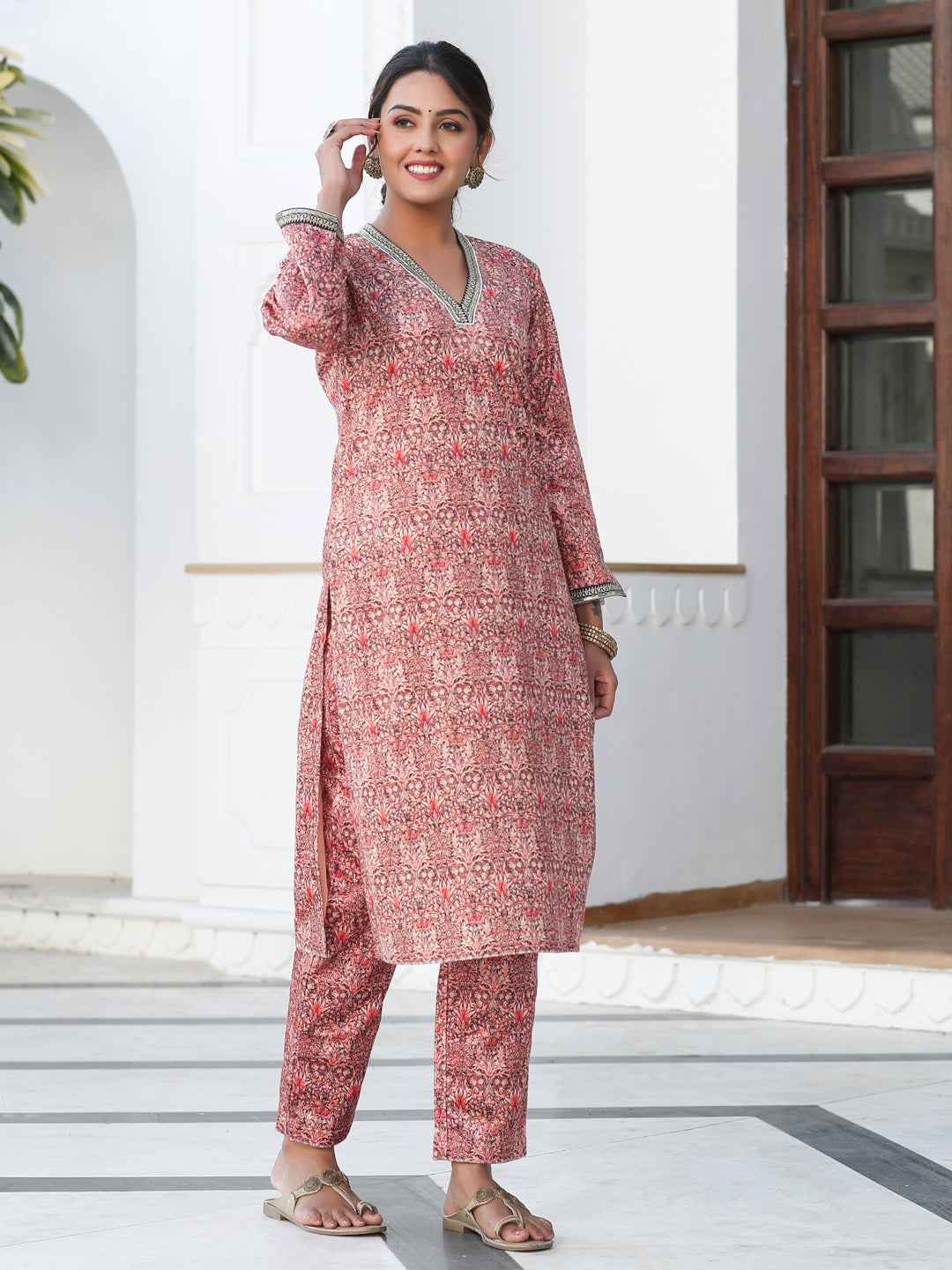 Peach Printed Embroidered Velvet Straight Kurta With Pant