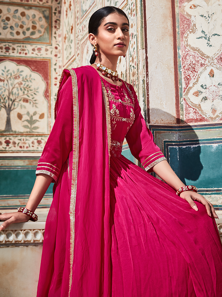 Pink Zardozi Work Floor Length Anarkali Kurta With Organza Embellished Dupatta