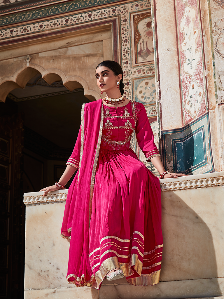 Pink Zardozi Work Floor Length Anarkali Kurta With Organza Embellished Dupatta