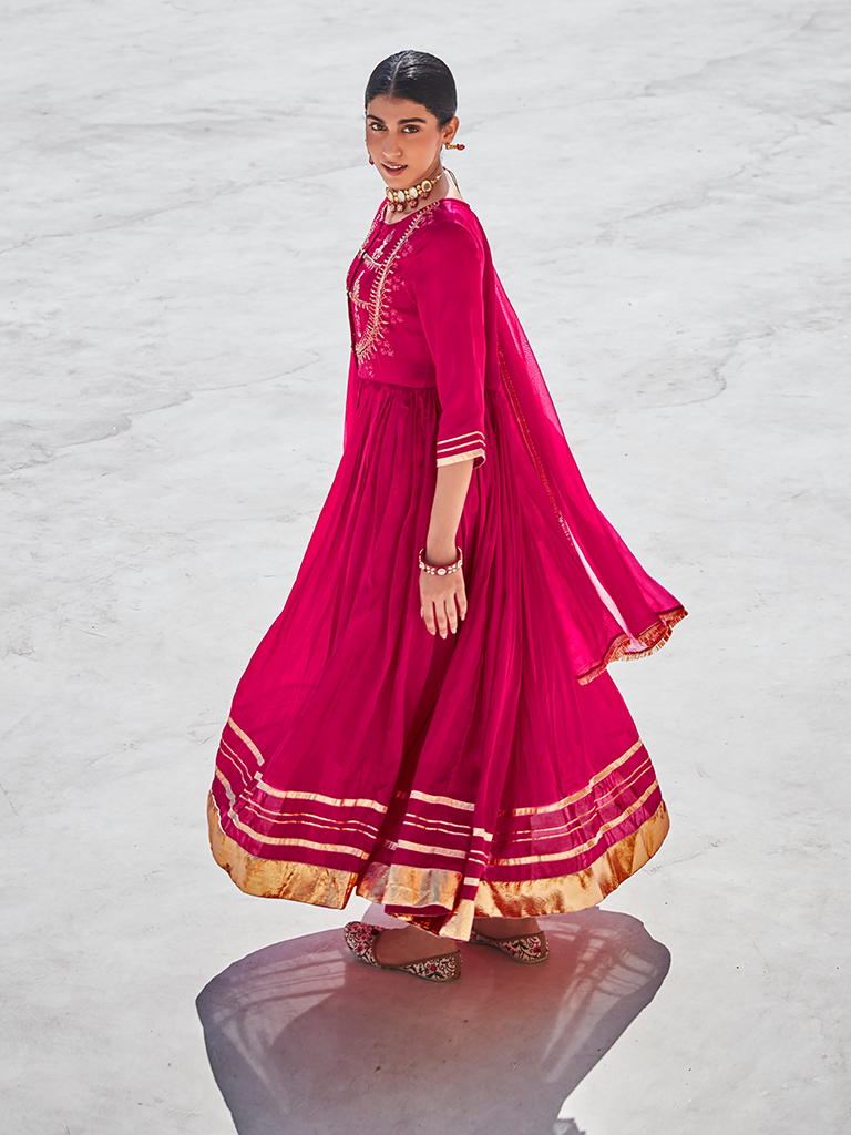 Pink Zardozi Work Floor Length Anarkali Kurta With Organza Embellished Dupatta