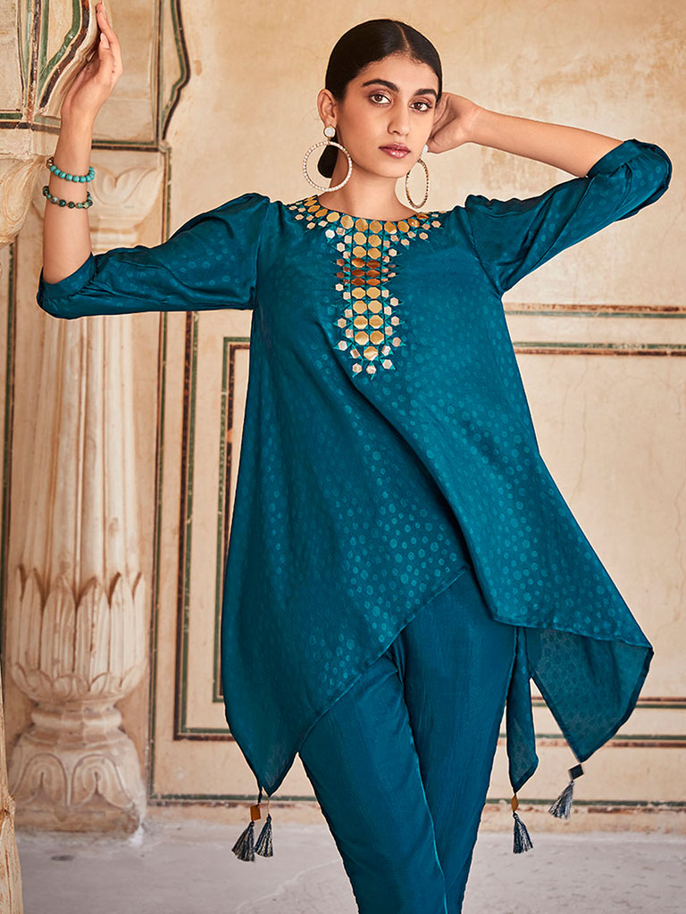 Teal Handkerchief Mirror Embellished Silk Top With Mirror Embellished Trousers