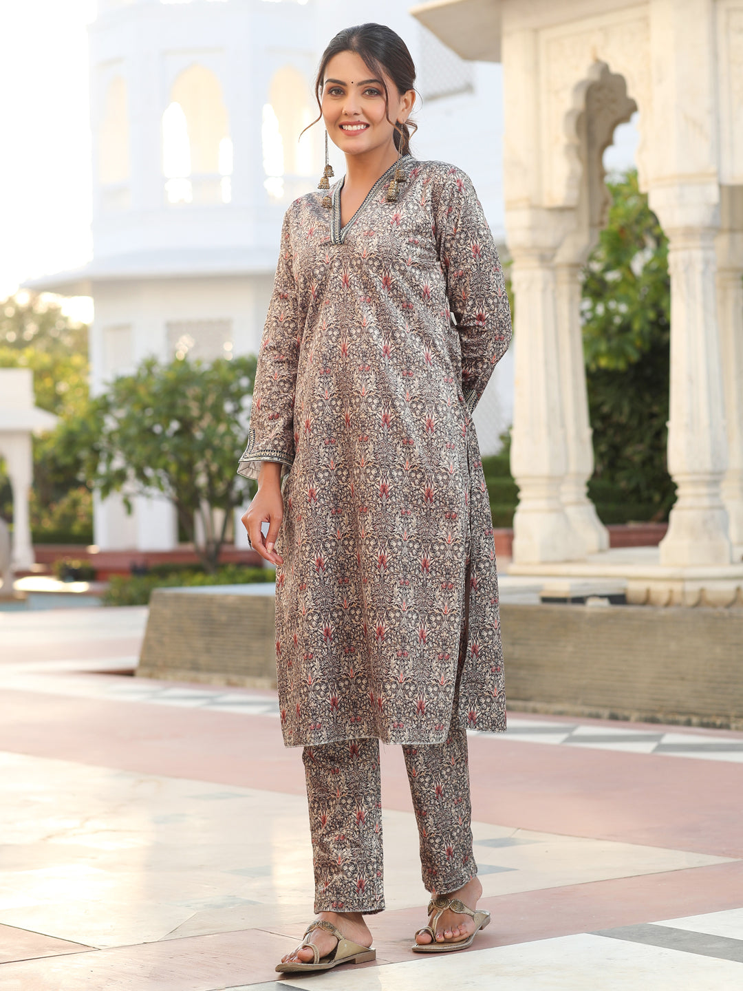 Beige Printed Velvet Straight Kurta With Pants